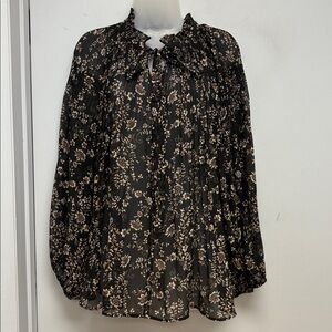 🌿 Meadow Rue Floral Tie-Neck Blouse | Size Large | Black Multi
